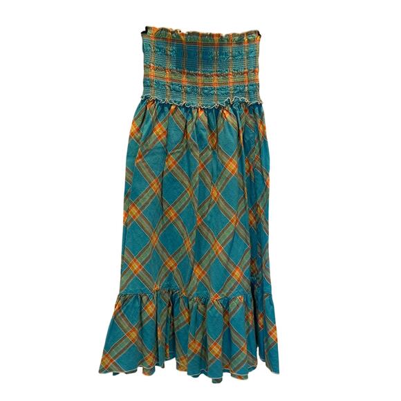 Moda International Turquois/Orange Plaid Strapless Smocked Sun Dress Size M - Picture 1 of 7